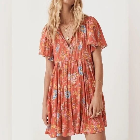 Spell and the Gypsy Meadowland Flutter Sleeve Mini Dress Poppy - Picture 3 of 7